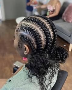 stitch braids into a bun Hair Braided Back Into A Ponytail, Cornrows With Two Buns In The Back, Cute Braided Up Hairstyles, Braided Bun To The Back, Two Bun Cornrow Hairstyles, Edges With Cornrows, Curly Bun Braids, Cornrows Going Back Into A Bun, Cornrow Two Buns