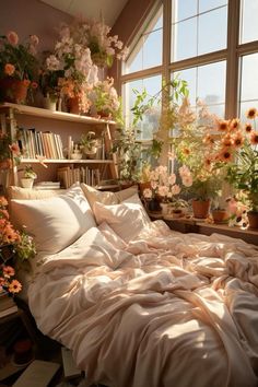 an unmade bed with lots of flowers in the window sill next to it