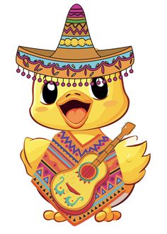 a cartoon chicken wearing a sombrero and holding a guitar