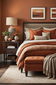 a bed with orange and white pillows in a bedroom next to two pictures on the wall