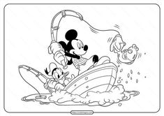 the cartoon mickey mouse is flying on a boat with his friend pluto and goofy in it