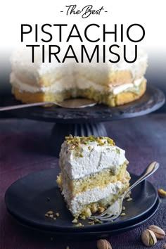 the best pistachio tiramu cake recipe on a plate with a fork