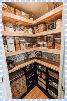 an organized pantry with baskets and food items