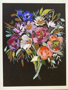 a painting of flowers on a black background