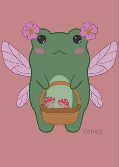 a green frog holding a basket with pink flowers on it's head and wings