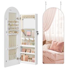 an open door to a white closet filled with lots of items and decor on it