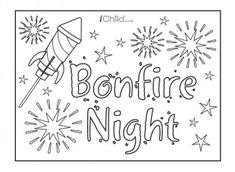 bonfire night coloring page with fireworks and confetti on the top, in black and white