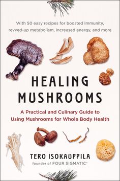 the front cover of a book with mushrooms and other food items on it's cover