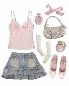 Y2k Soft Outfits, Pink Outfits Cute, K-12 Inspired Outfits, Pink And Blue Outfit, Cute Outfits Pink, Coquette Fits, Coquette Clothes, Coquette Outfits, Coquette Grunge