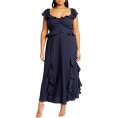 Find CITY CHIC Frill Ruffle Maxi Dress on Editorialist. Frothy ruffles trim the bodice and cascade down the flowy skirt of this fabulous stretch-kissed maxi dress. Slips on over head Square neck Cap sleeves Lined 95% polyester, 5% elastane Machine wash, line dry Imported Maxi Dress Navy, Ruffled Maxi Dress, Flowy Skirt, City Chic, Ruffle Trim, Square Neck, No Frills, Cap Sleeves, Ruffles