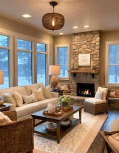 a living room filled with furniture and a fire place in front of two large windows