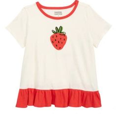 Nwt Harper Canyon Kids' Ruffle Hem Tee In Ivory Egret Strawberry Size 7 Details Kids' Ruffle Hem Tee In Ivory Egret Strawberry A Ruffle Trim Decorates The Hem Of This Cozy Tee For Your Little One. Crew Neck Short Sleeves Chest Graphic Ruffle Hem 100% Cotton Machine Wash, Tumble Dry Imported White Cotton Tops With Ruffle Hem, Playful Cream Crew Neck Top, White Sweet Tops For Summer, Sweet White Summer Tops, Cute Cotton T-shirt With Ruffles, Sweet White Tops With Strawberry Print, White Ruffled T-shirt For Summer, White Ruffled T-shirt For Spring, White Ruffled Short Sleeve T-shirt