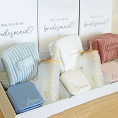 A Bridesmaid Proposal Box with a magnetic lid, personalized glass tumbler, jewelry box, and make-up bag. Minimalistic Bridesmaid Proposal, Bridesmaid Proposal Box Simple, Dusty Blue Bridesmaid Boxes, Asking Bridesmaids Box Gift Ideas, Cricut Bridesmaid Gifts Diy, Bridesmaid Proposal Practical, Will You Be My Bridesmaids Gifts, Bridesmaid Proposal Cricut, Wedding Party Asking Gifts