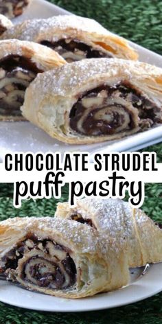 chocolate strudel puff pastry on a plate with the words, chocolate strudel puff pastry