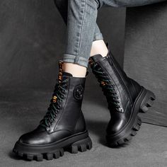 Autumn Winter Leather Thick Sole High Boots September 2021 new-arrival 35 Black Fairy Shoes, Luxury Boots, Half Boots, Winter Heels, Winter Boots Women, Mid Calf Boots, Rubber Heels, Mid Heel, Lace Boots