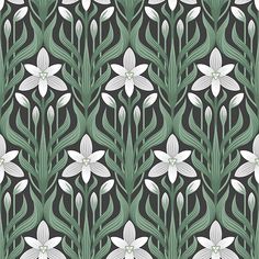 a green and white wallpaper with flowers on the back ground, in an art deco style