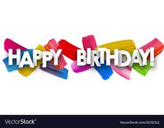 the word happy birthday written in 3d letters on a white background with colorful brush strokes