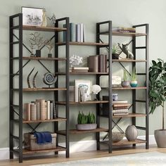 a living room filled with furniture and a book shelf next to a wall mounted plant