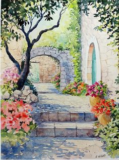 a watercolor painting of a stone house with flowers in the foreground and steps leading up to it