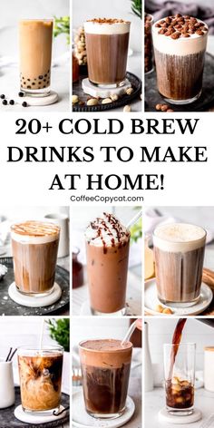 collage of cold beverages with text overlay that reads 20 cold brew drinks to make at home