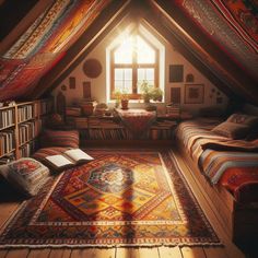 an attic bedroom with bookshelves and rugs on the floor in front of a window