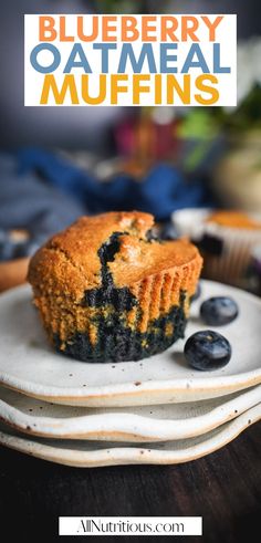 blueberry oatmeal muffins on a plate with the title overlay