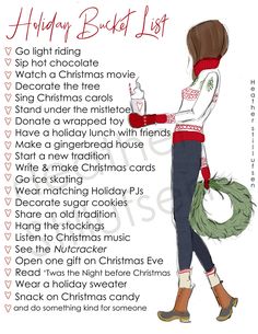 a holiday bucket list with a woman holding a wreath