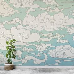 a potted plant sitting in front of a wall with clouds painted on it