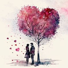 two people are standing under a tree with hearts