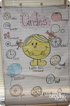 a child's drawing on a piece of paper with the words circles written in it