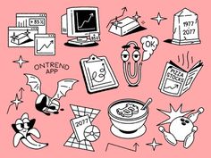 an assortment of cartoon items on a pink background