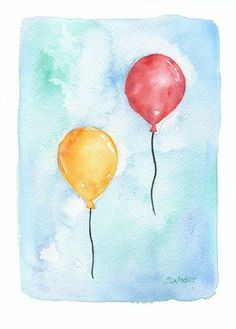 two red and yellow balloons are flying in the blue sky with watercolor paint on paper