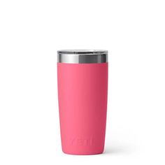 thermos travel mug in pink is shown on a white background