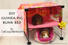 two small dogs sitting in a pink dog bed on top of a white table next to a sign