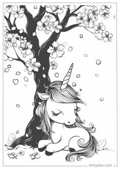 a black and white drawing of a unicorn sitting under a tree with flowers on it