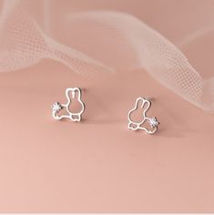 Sterling Silver Cut Out Bunny Rabbit Stud Earrings Rhinestone Tail Adorable Bunny Earrings For Easter Or All Year Round Measures Approx Just Shy Of 5/16 Inch Available In Silver Or Gold Tone-Please Specify Visit My Closet For More Cute Stud Earrings Bundle And Save 15% Mondstadt Characters, Bunny Jewelry, Bunny Stuff, Rabbit Earrings, Cute Stud Earrings, Bunny Earrings, Adorable Bunny, Earring Bundle, Concert Fits