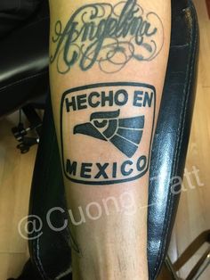 a man with a tattoo on his leg that says hecho en mexico and an eagle