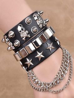 2pcs/set Punk Skull & Star Decor PU Polyurethane Bangle  For Women For Daily Decoration Black         Women Fashion Jewelry, size features are:Bust: ,Length: ,Sleeve Length: Mode Punk, Moda Punk, Leather Wristbands, Rock Punk, Wide Bracelet, Estilo Punk, Style Punk, Star Bracelet, Mens Jewelry Bracelet