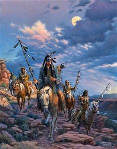 a painting of native americans riding horses in the desert