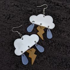 Handmade acrylic earrings inspired by rainy spring days! The cloud portion of the earring is approximately 1.75" wide. Weather Earrings, Rain Drop Earrings, Cloud Jewelry, Cloud Jewelry Design, Rain Cloud Earrings, White Cloud, Art Accessories, Spring Day, Acrylic Earrings