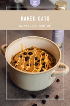 baked oats with raisins in a white bowl on top of a counter