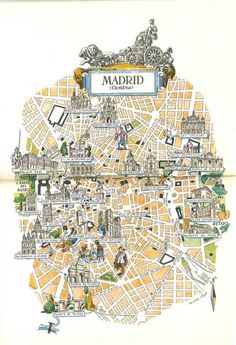 an illustrated map of madrid with buildings and people in the city, as well as other things