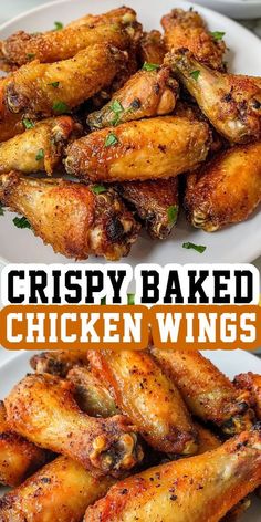 crispy baked chicken wings on white plates with text overlay that reads crispy baked chicken wings