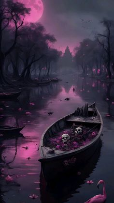 there is a boat with skulls in it on the water and two flamingos nearby