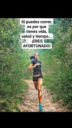 a woman running down a dirt road in the woods with a quote above her that reads,