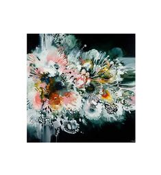 an abstract painting with flowers on black and white