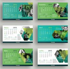 a set of four green and white calendars with photos on them, each showing the same