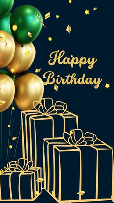 a birthday card with presents and balloons in gold foil on a blue background, stars and confetti