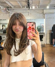 Wispy Bangs And Ponytail, Medium Haircut With Layers And Curtain Bangs, Medium Length Haircut With Layers And Wispy Bangs, Light Hair Colors For Tan Skin, Straight Hair Bangs Layers, Dark Brown Hair With Highlights Bangs, Layers And Fringe Bangs, Bangs In A Ponytail, Hair Cut Inspired Mid Length