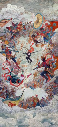 an abstract painting with people and umbrellas in the middle of clouds, surrounded by other figures